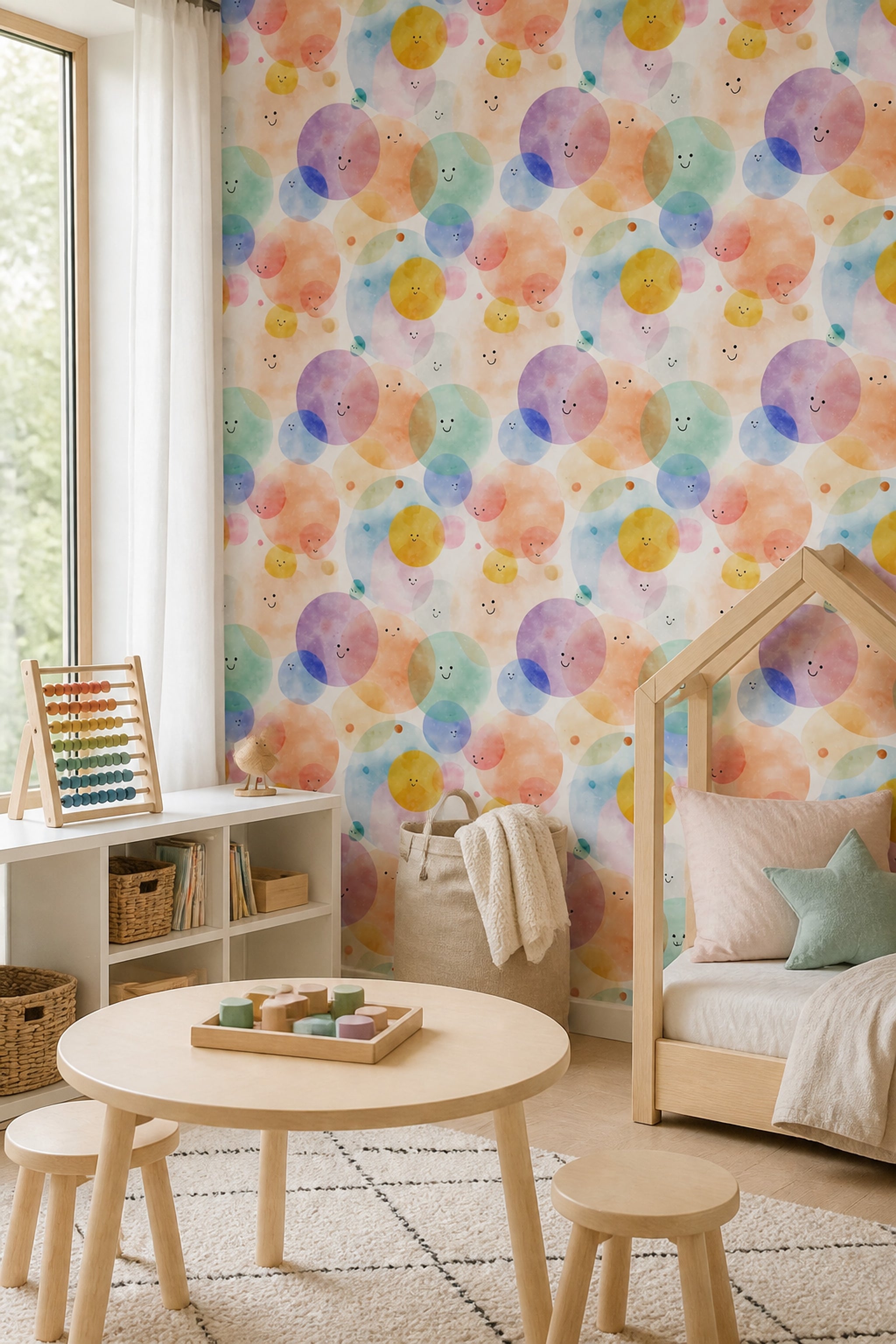 Watercolor Texture Wallpaper Pastel Circles Smiley Faces Removable Wall Decor