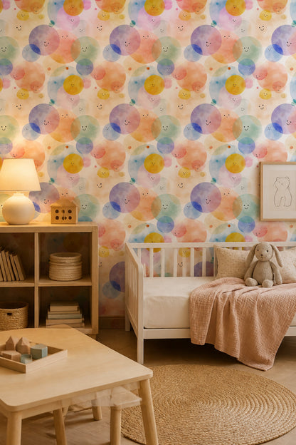 Watercolor Texture Wallpaper Pastel Circles Smiley Faces Removable Wall Decor