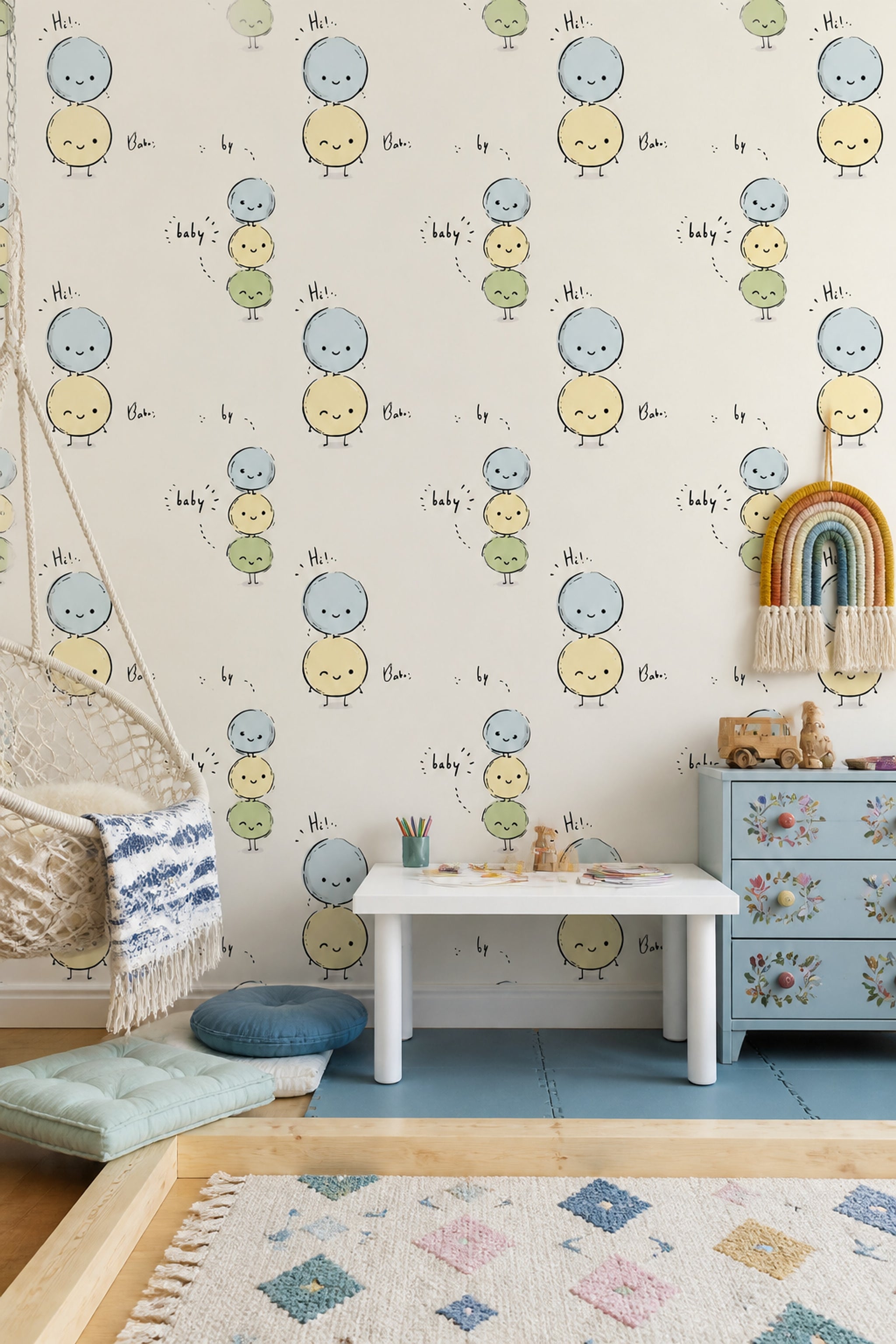 Cute Cartoon Wallpaper Pastel Removable Cream Background Wall Double Roll