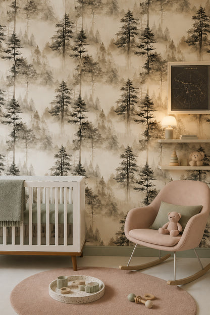 Misty Forest Wallpaper Foggy Woodland Tree Silhouette Decorative Mural