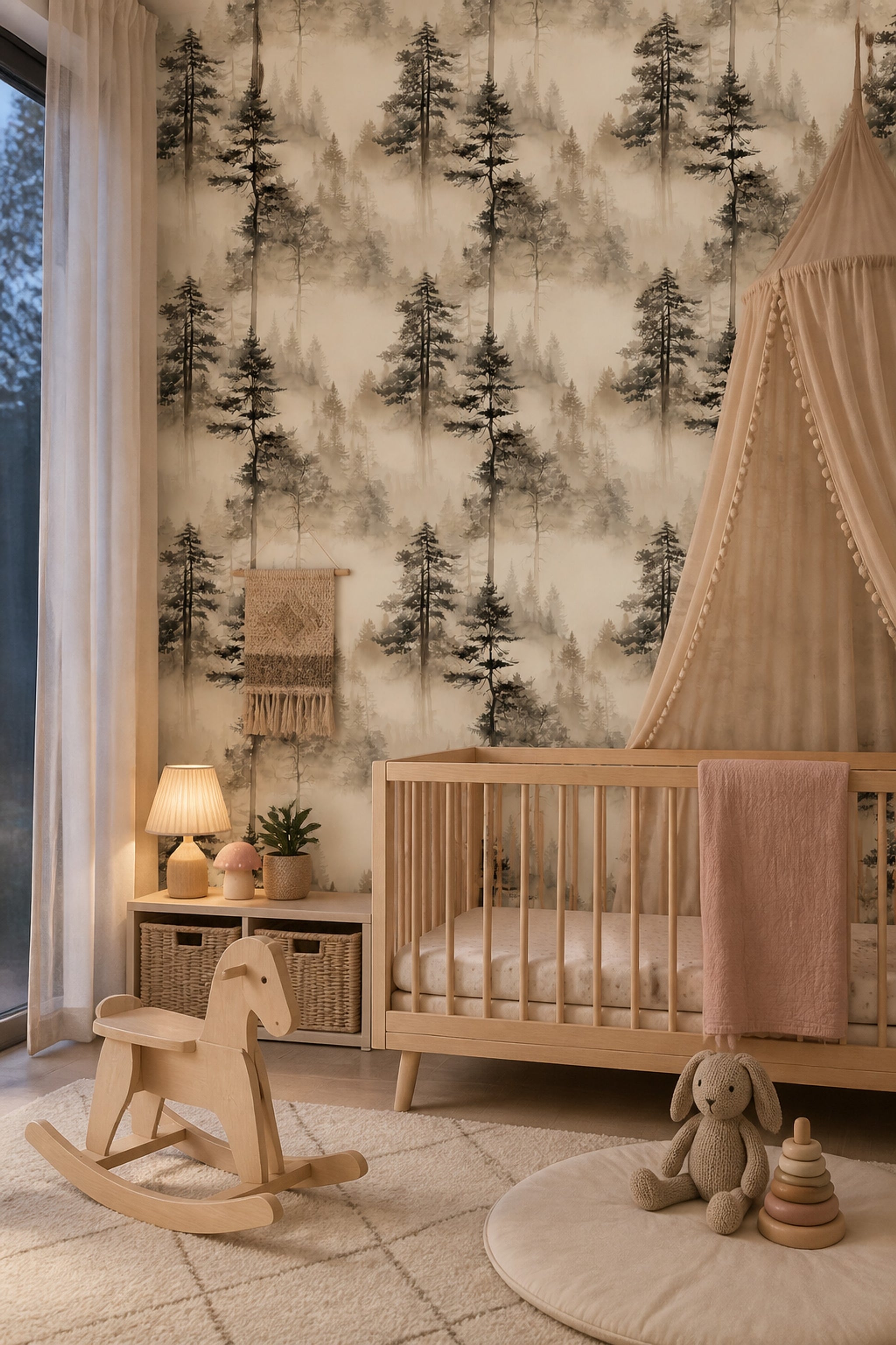 Misty Forest Wallpaper Foggy Woodland Tree Silhouette Decorative Mural
