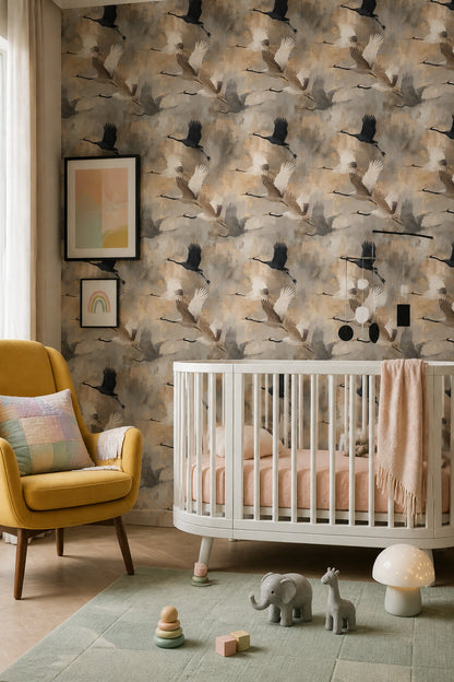 Flying Cranes Wallpaper Birds In Flight Gold Flecks Removable Wall Decor