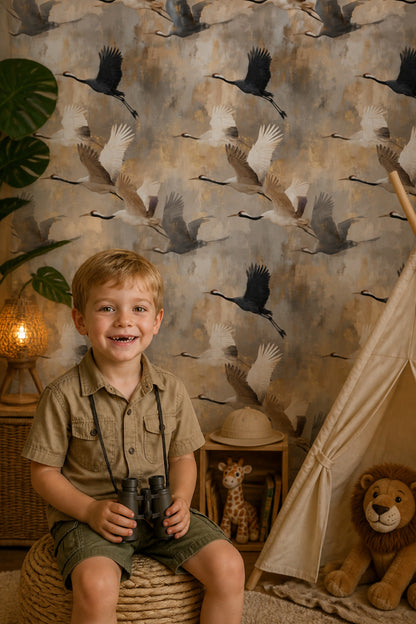 Flying Cranes Wallpaper Birds In Flight Gold Flecks Removable Wall Decor