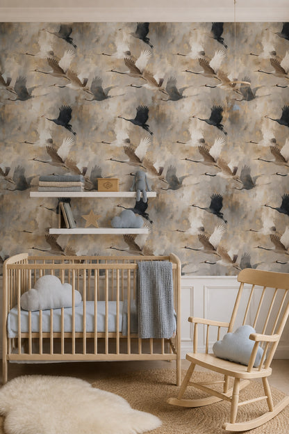 Flying Cranes Wallpaper Birds In Flight Gold Flecks Removable Wall Decor