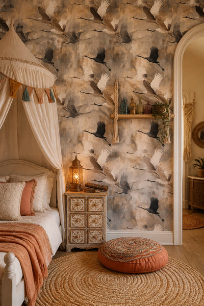 Flying Cranes Wallpaper Birds In Flight Gold Flecks Removable Wall Decor