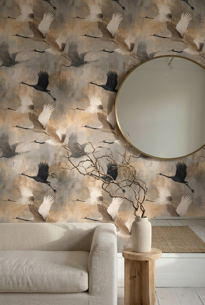 Flying Cranes Wallpaper Birds In Flight Gold Flecks Removable Wall Decor