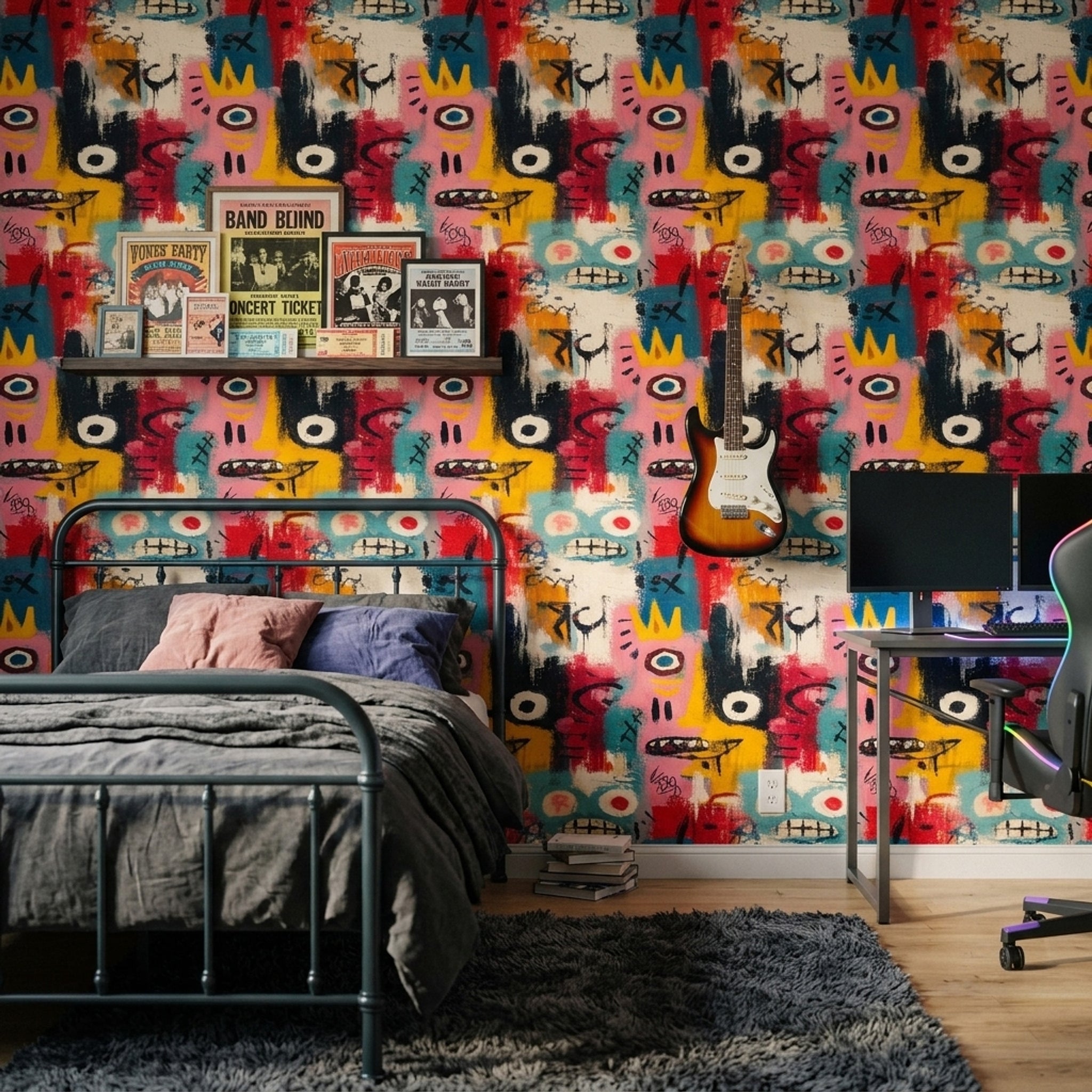 Graffiti Wallpaper Bold Colors Removable Face Motif Wall Double Roll