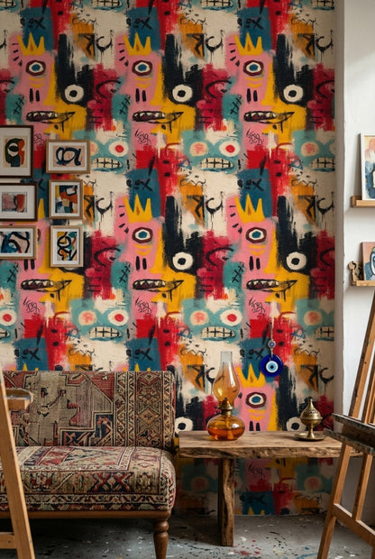 Graffiti Wallpaper Bold Colors Removable Face Motif Wall Double Roll