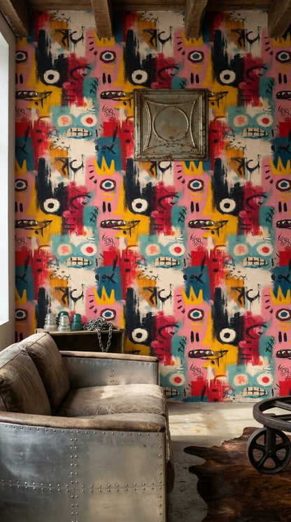 Graffiti Wallpaper Bold Colors Removable Face Motif Wall Double Roll