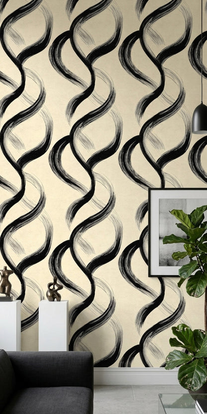 Black Brushstroke Wallpaper Looping Rings Removable Modern Minimalist Wall Double Roll