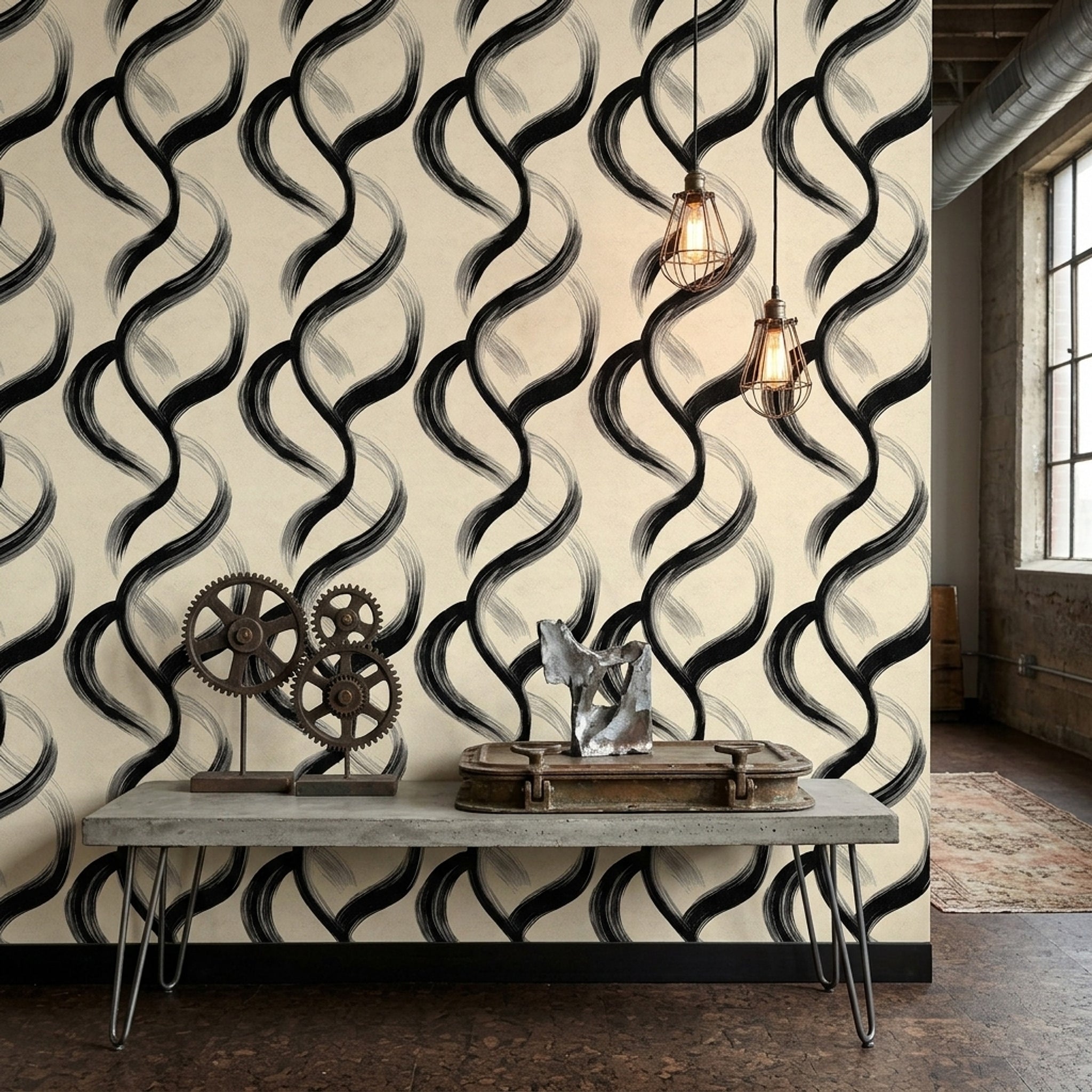 Black Brushstroke Wallpaper Looping Rings Removable Modern Minimalist Wall Double Roll