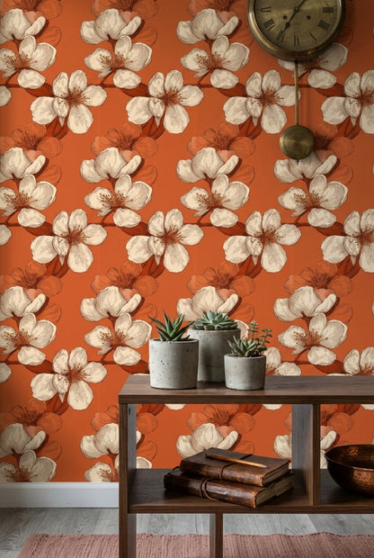 Oversized Blossoms Wallpaper Botanical Sketch Terracotta Orange Background Removable Wall Decor