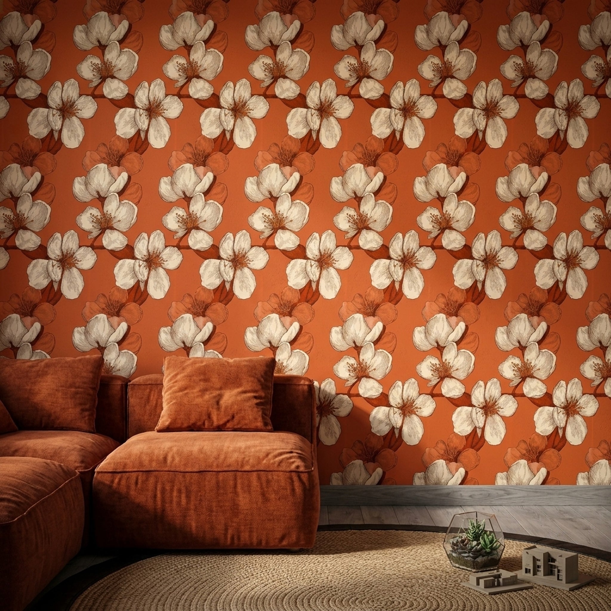 Oversized Blossoms Wallpaper Botanical Sketch Terracotta Orange Background Removable Wall Decor