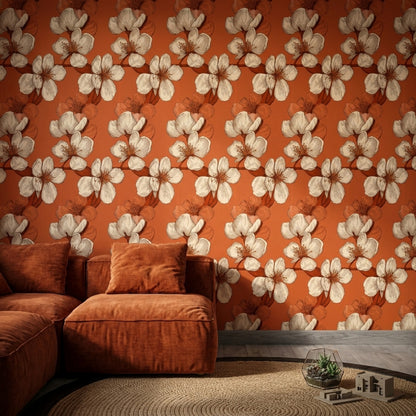 Oversized Blossoms Wallpaper Botanical Sketch Terracotta Orange Background Removable Wall Decor