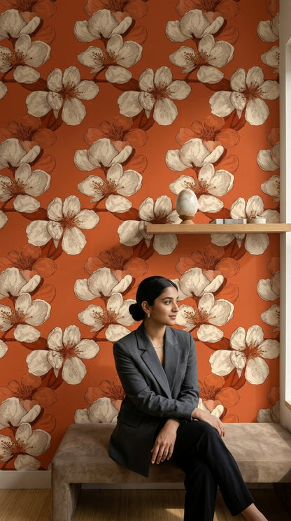 Oversized Blossoms Wallpaper Botanical Sketch Terracotta Orange Background Removable Wall Decor