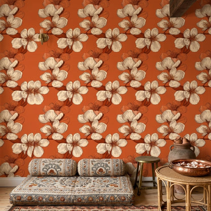Oversized Blossoms Wallpaper Botanical Sketch Terracotta Orange Background Removable Wall Decor