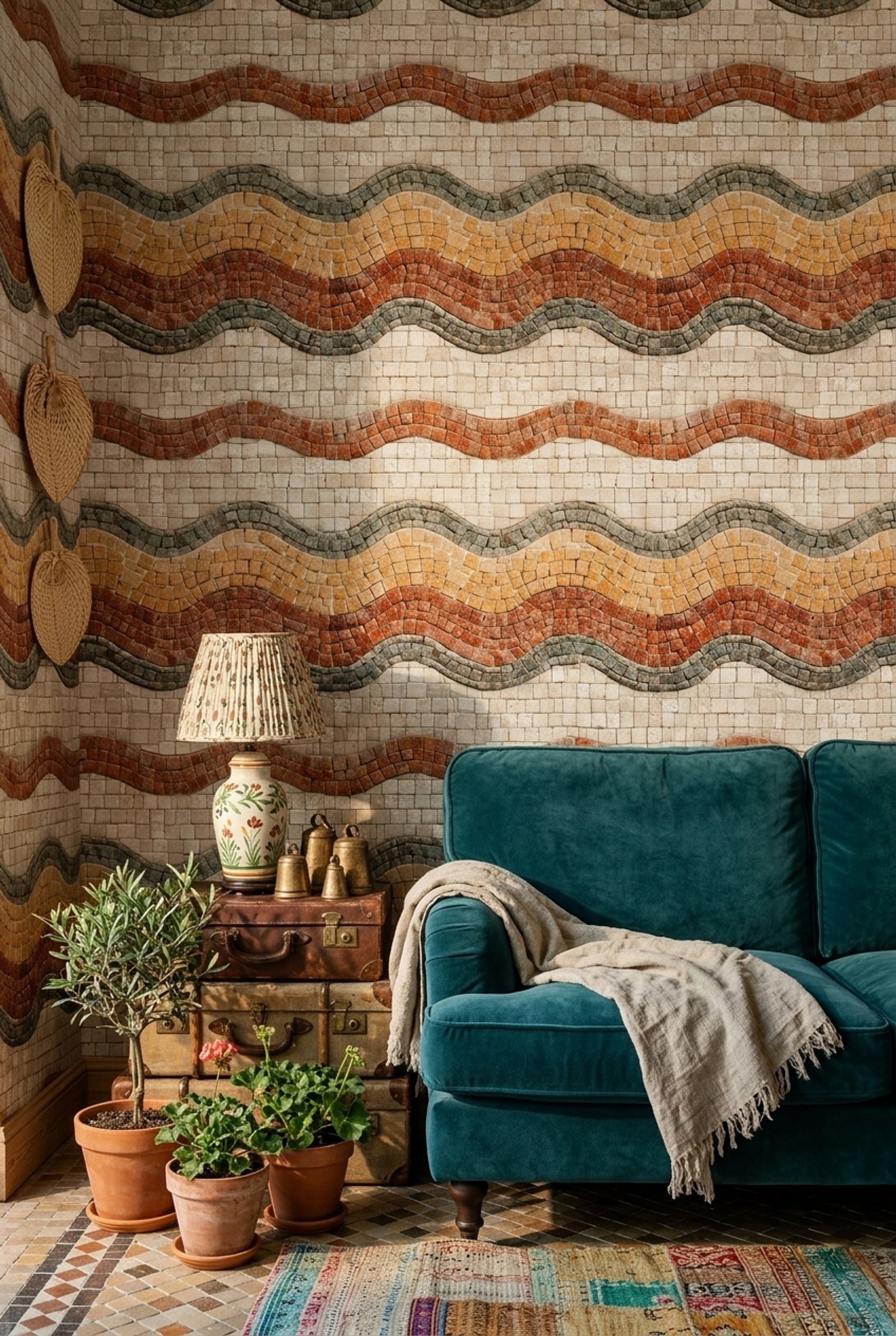 Stone Mosaic Wallpaper Wavy Bands Geometric Tiles Removable Wall Decor