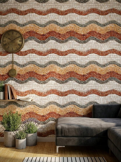 Stone Mosaic Wallpaper Wavy Bands Geometric Tiles Removable Wall Decor