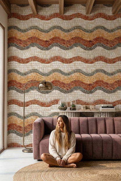 Stone Mosaic Wallpaper Wavy Bands Geometric Tiles Removable Wall Decor