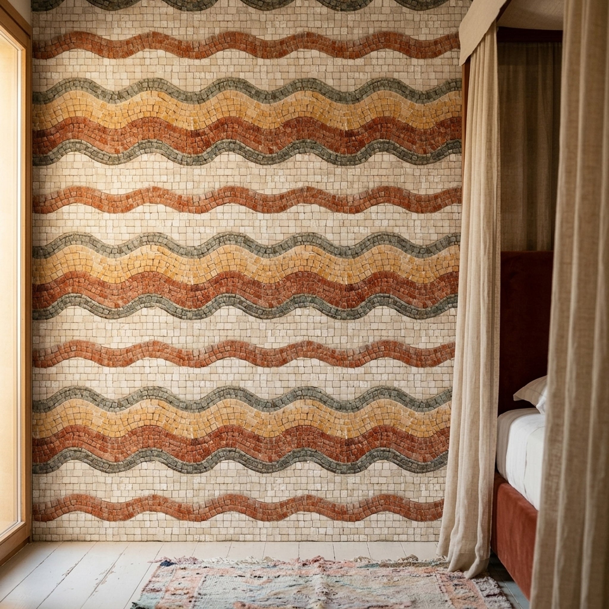 Stone Mosaic Wallpaper Wavy Bands Geometric Tiles Removable Wall Decor