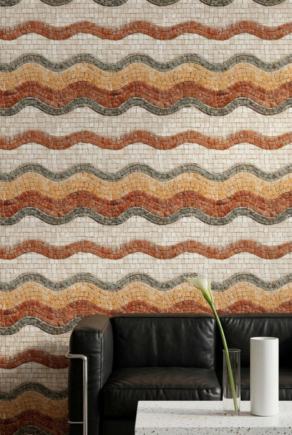 Stone Mosaic Wallpaper Wavy Bands Geometric Tiles Removable Wall Decor