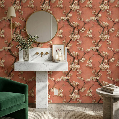 Floral Blossoms Wallpaper Cherry Blossom Branches Removable Pink Textured Background Wall Double Roll