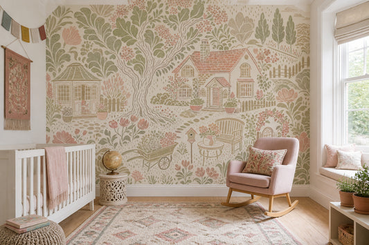 Pastoral Garden Wallpaper Toile Illustration Cottage House Removable Wall Decor