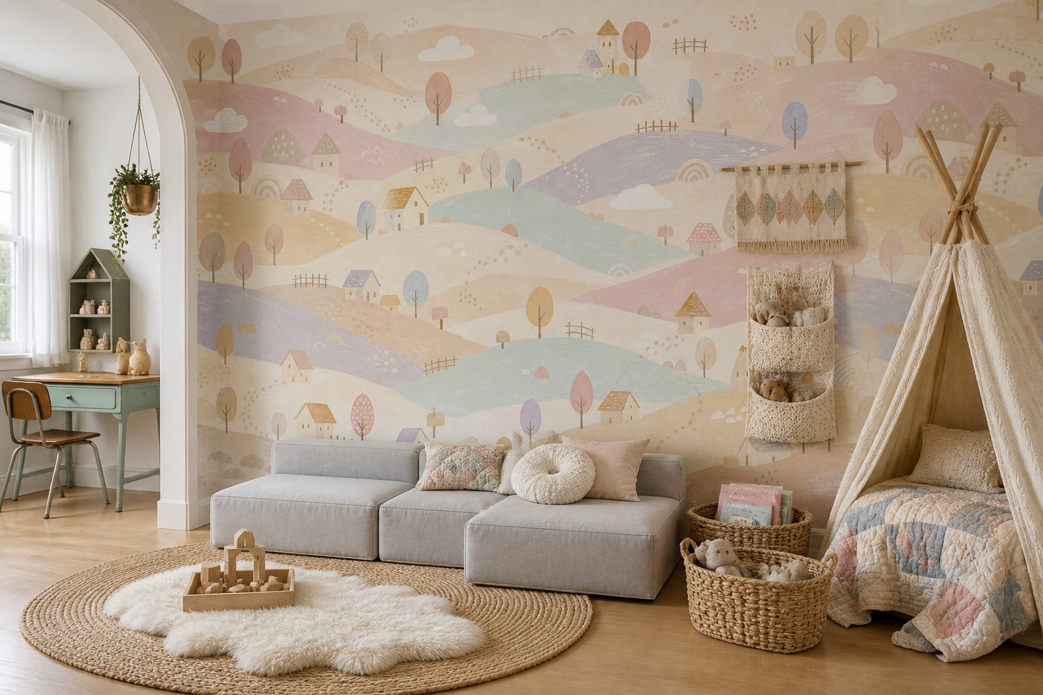 Watercolor Texture Wallpaper Pastel Landscape Fairy Tale Wall Mural