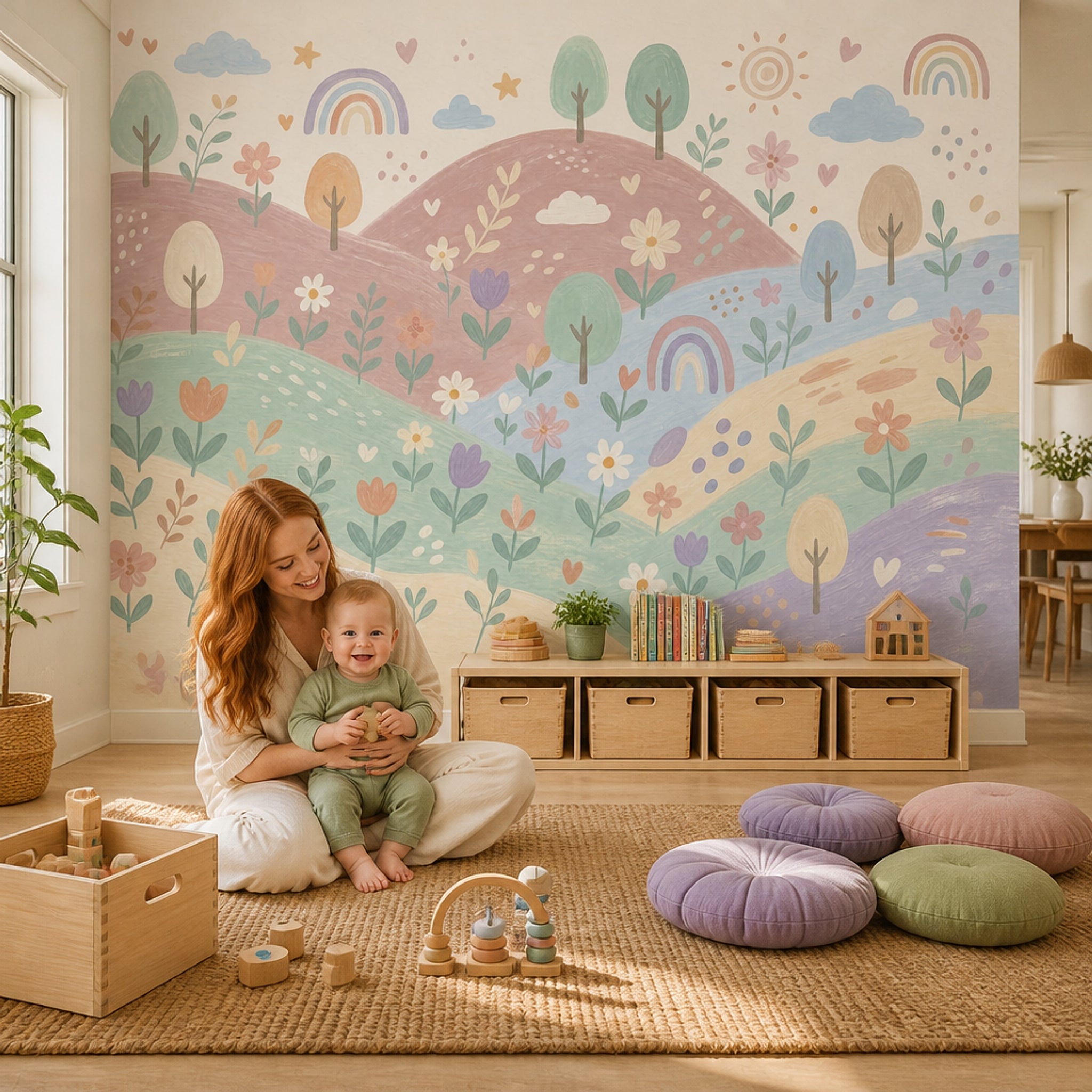 Pastel Landscape Wallpaper Rolling Hills Watercolor Wall Mural