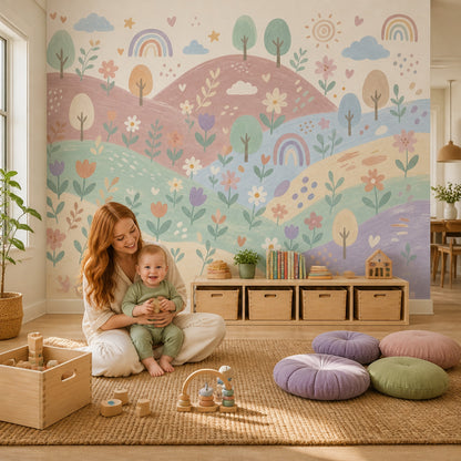 Pastel Landscape Wallpaper Rolling Hills Watercolor Wall Mural