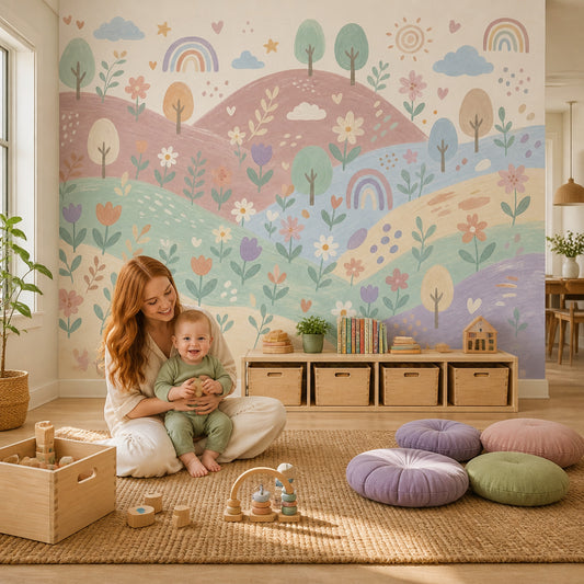 Pastel Landscape Wallpaper Rolling Hills Watercolor Wall Mural