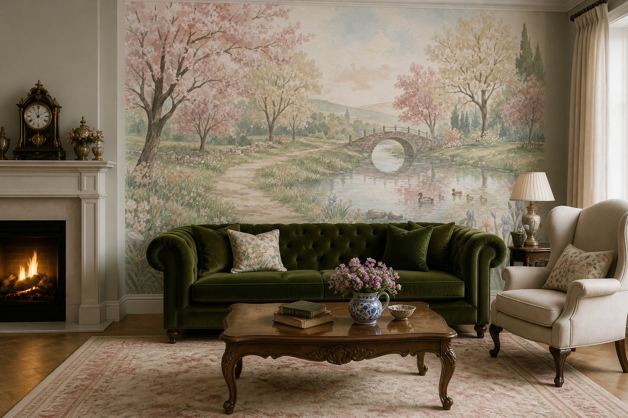 Pastel Watercolor Wallpaper Spring Landscape Removable Stone Bridge Wall Decor