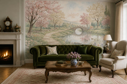 Pastel Watercolor Wallpaper Spring Landscape Removable Stone Bridge Wall Decor