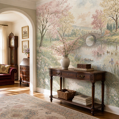 Pastel Watercolor Wallpaper Spring Landscape Removable Stone Bridge Wall Decor