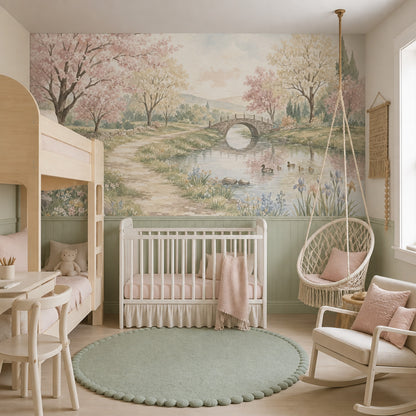 Pastel Watercolor Wallpaper Spring Landscape Removable Stone Bridge Wall Decor