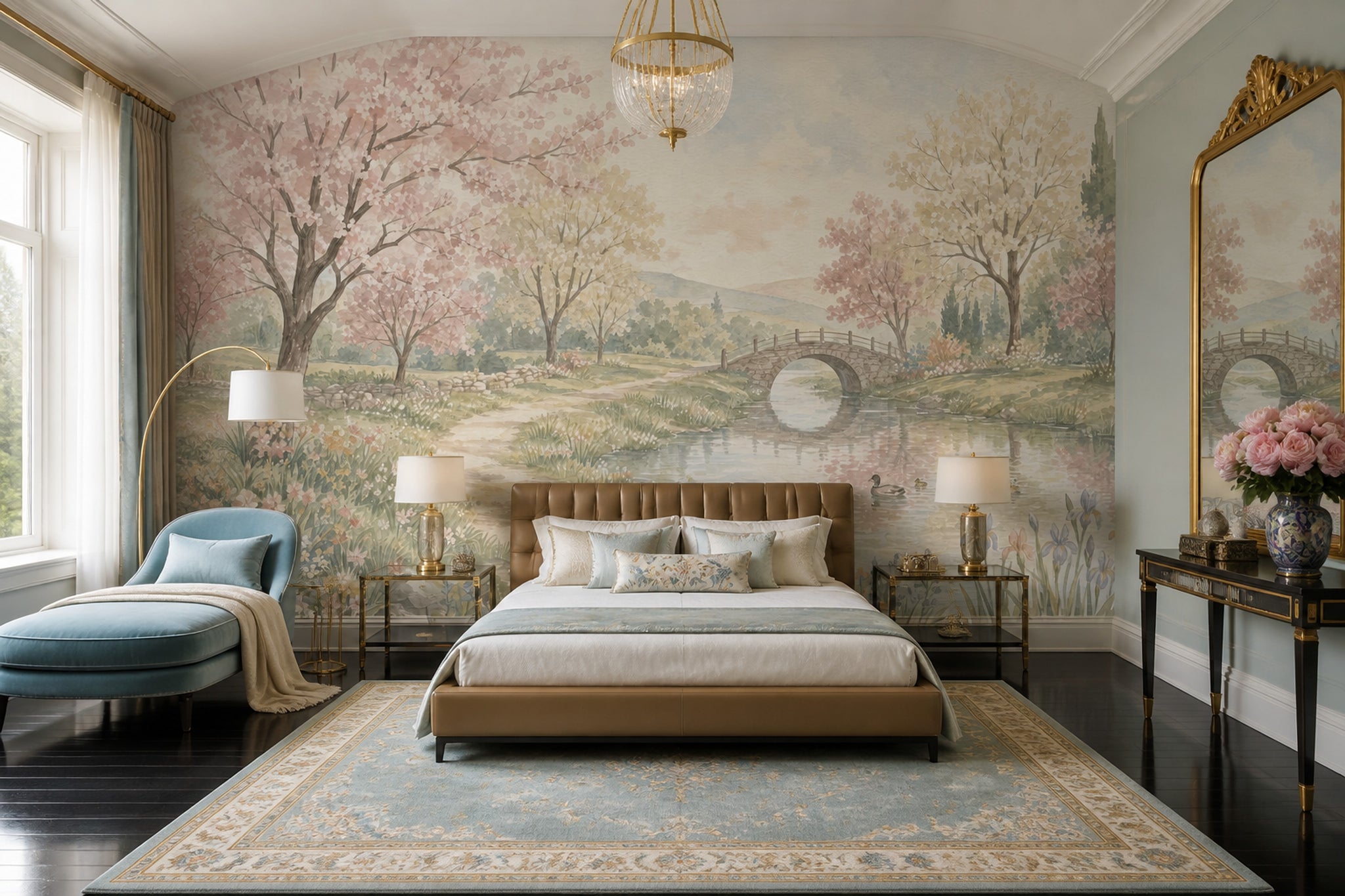 Pastel Watercolor Wallpaper Spring Landscape Removable Stone Bridge Wall Decor