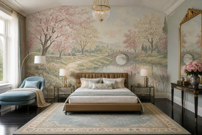 Pastel Watercolor Wallpaper Spring Landscape Removable Stone Bridge Wall Decor
