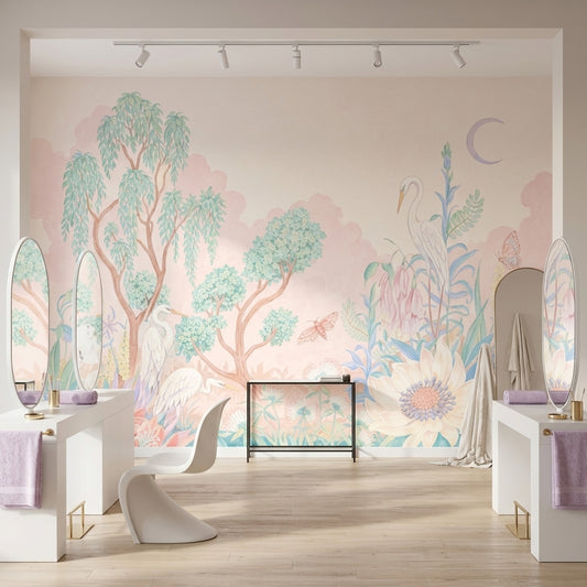 Pastel Watercolor Wallpaper Floral Landscape Removable Herons Egrets Wall Decor
