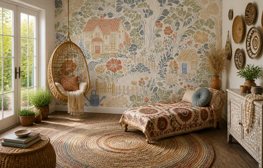Cottage Garden Wallpaper Pastoral Landscape Toile Illustration Removable Wall Decor
