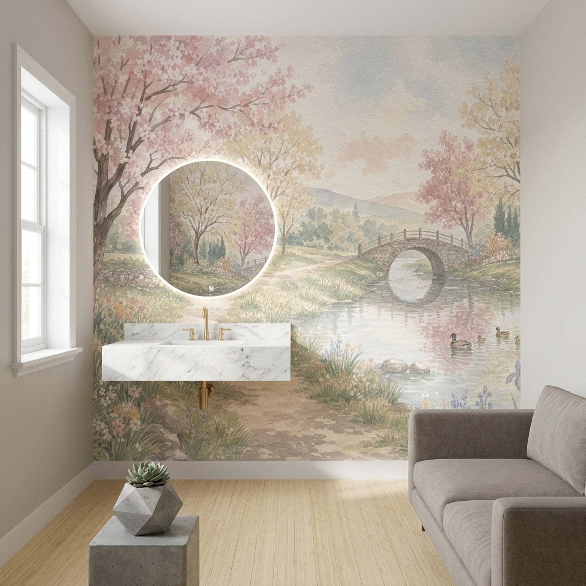 Pastel Watercolor Wallpaper Spring Landscape Removable Stone Bridge Wall Decor