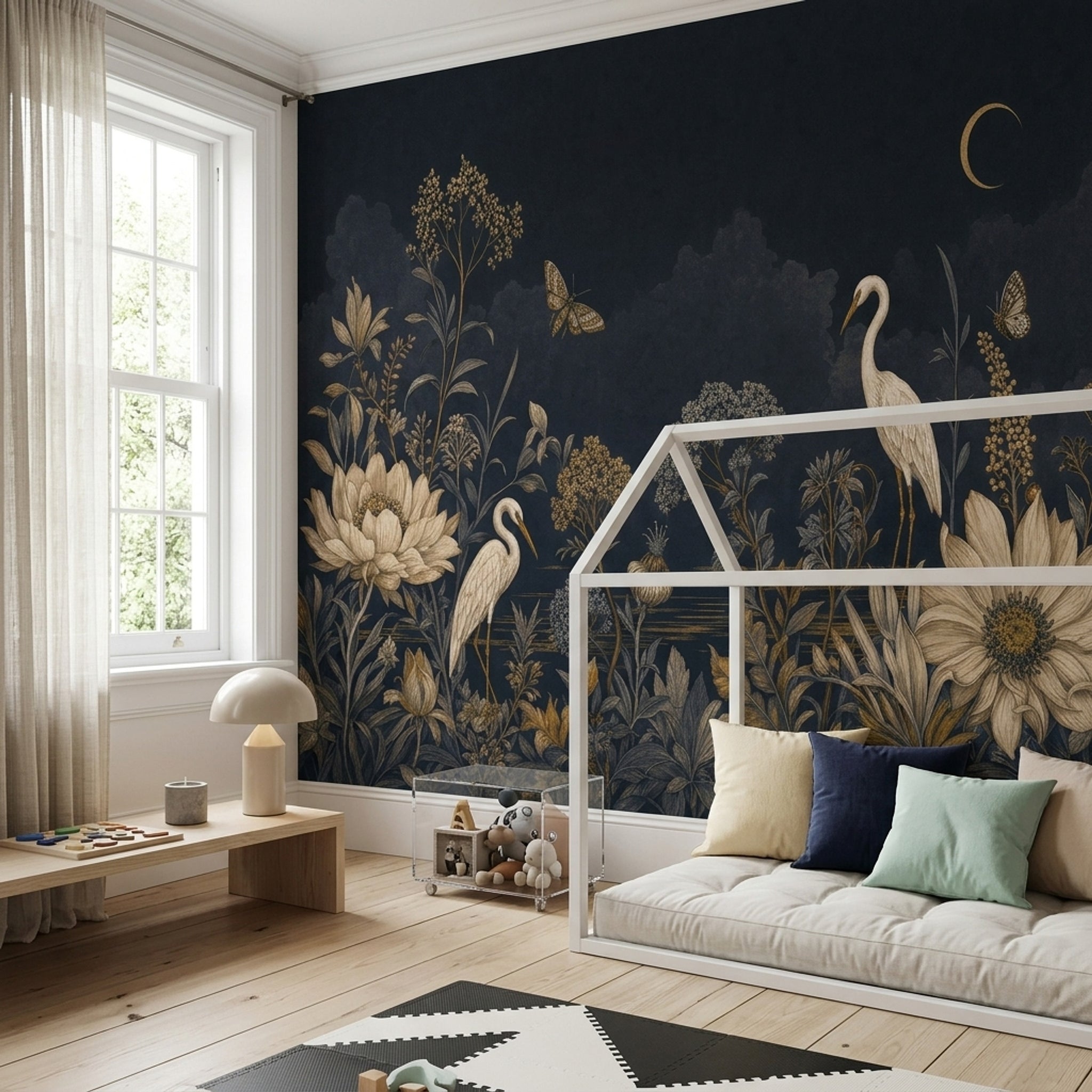 Botanical Floral Wallpaper Navy Night Sky Removable Crescent Moon Wall Decor