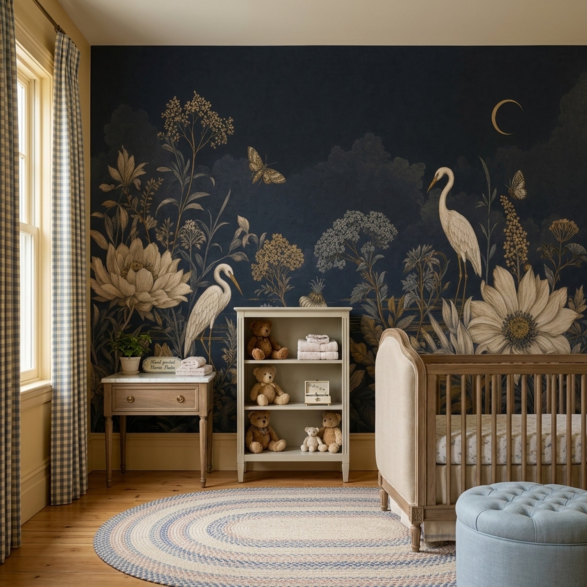 Botanical Floral Wallpaper Navy Night Sky Removable Crescent Moon Wall Decor