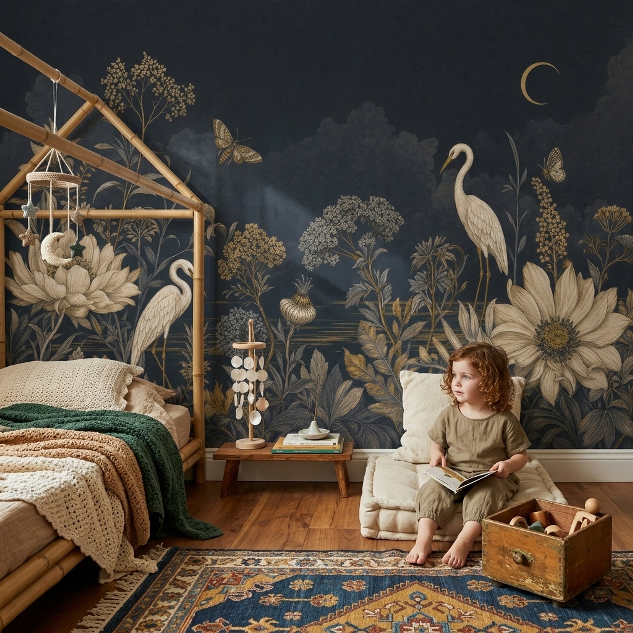 Botanical Floral Wallpaper Navy Night Sky Removable Crescent Moon Wall Decor
