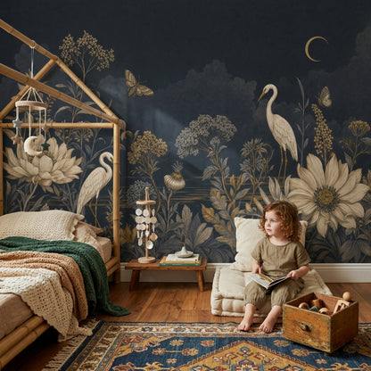 Botanical Floral Wallpaper Navy Night Sky Removable Crescent Moon Wall Decor