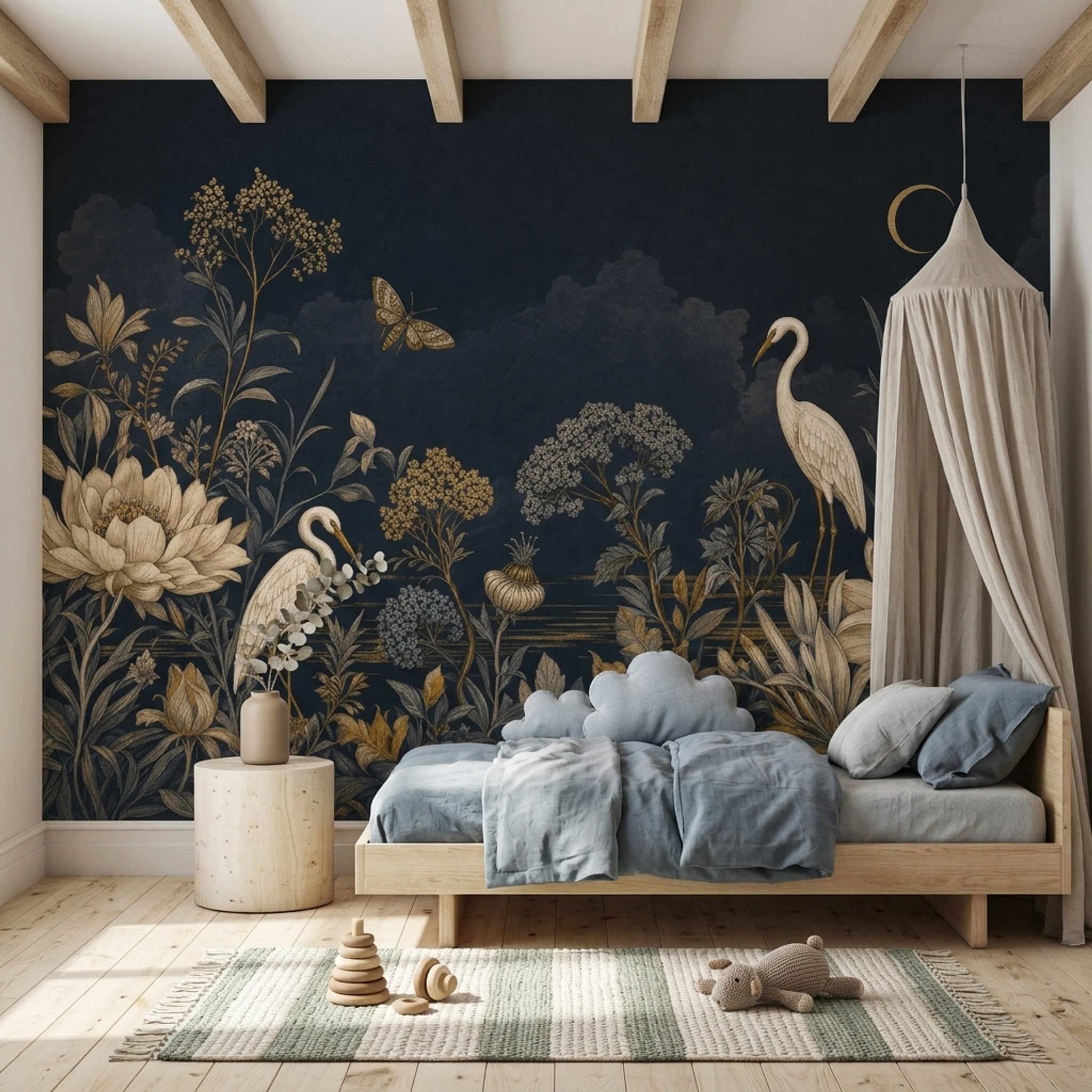 Botanical Floral Wallpaper Navy Night Sky Removable Crescent Moon Wall Decor