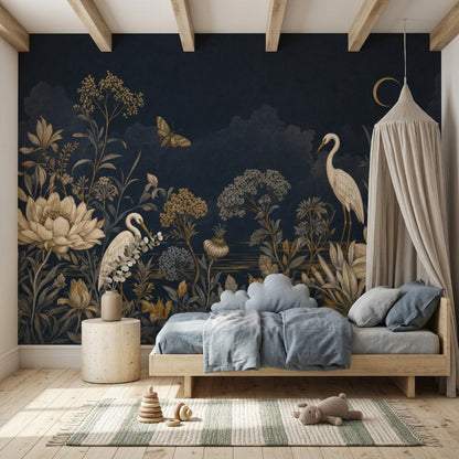 Botanical Floral Wallpaper Navy Night Sky Removable Crescent Moon Wall Decor