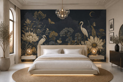 Botanical Floral Wallpaper Navy Night Sky Removable Crescent Moon Wall Decor