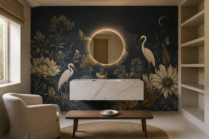 Botanical Floral Wallpaper Navy Night Sky Removable Crescent Moon Wall Decor