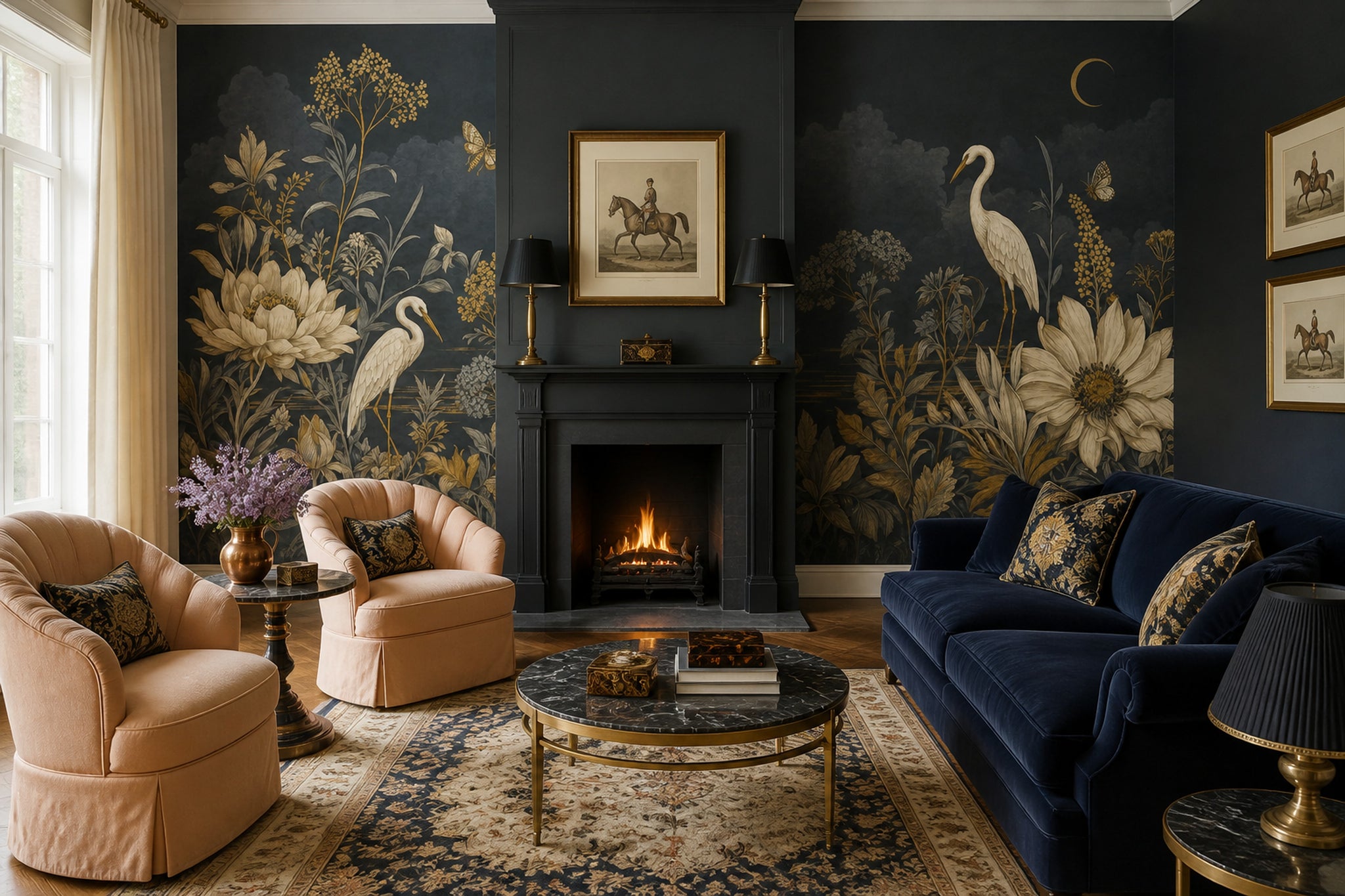 Botanical Floral Wallpaper Navy Night Sky Removable Crescent Moon Wall Decor