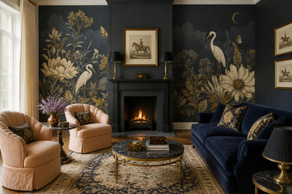 Botanical Floral Wallpaper Navy Night Sky Removable Crescent Moon Wall Decor